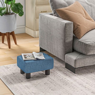 Dark Blue Linen Fabric Pouf Footrest Ottoman with Wooden Legs