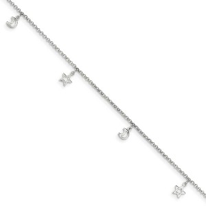 Black Bow Jewelry Sterling Silver 2mm Cable Chain Moon and Stars Charm Anklet, 9-10 Inch - 1 of 4