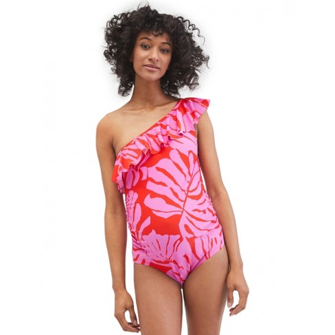 Motherhood Maternity-beach Bump™ Ruffle Front One Shoulder Maternity  Swimsuit Upf 50+-pink/orange Floral-xs : Target