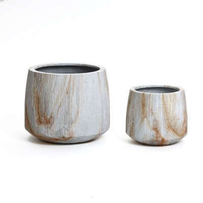LuxenHome Set of 2 Concrete Round Planters Outdoor Indoor Plant Pots Rustic Wood Grain Texture Tapered Planter Garden Pots Set 15.5" & 11" White