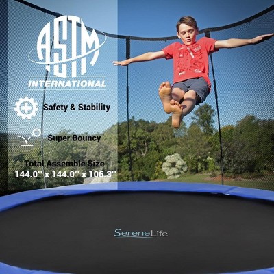 SereneLife 12ft Black and Blue Outdoor Trampoline with Safety Enclosure