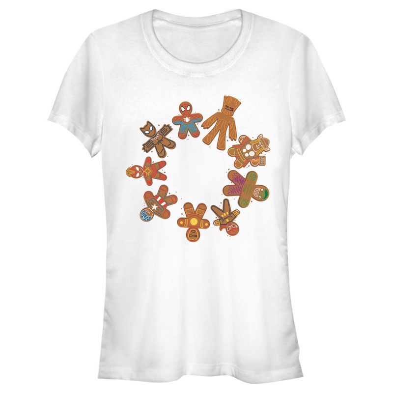 Juniors Womens Marvel Christmas Gingerbread Cookie Circle T-Shirt, 1 of 4