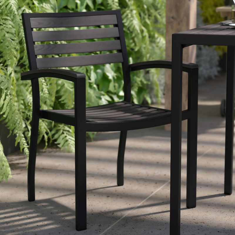 Flash Furniture 2 Pack All-Weather Black Aluminum Patio Stack Chairs - Gray Wash Faux Teak Slats, 5 of 12