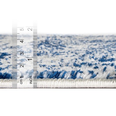 Ivory and Blue Geometric Synthetic Runner Rug