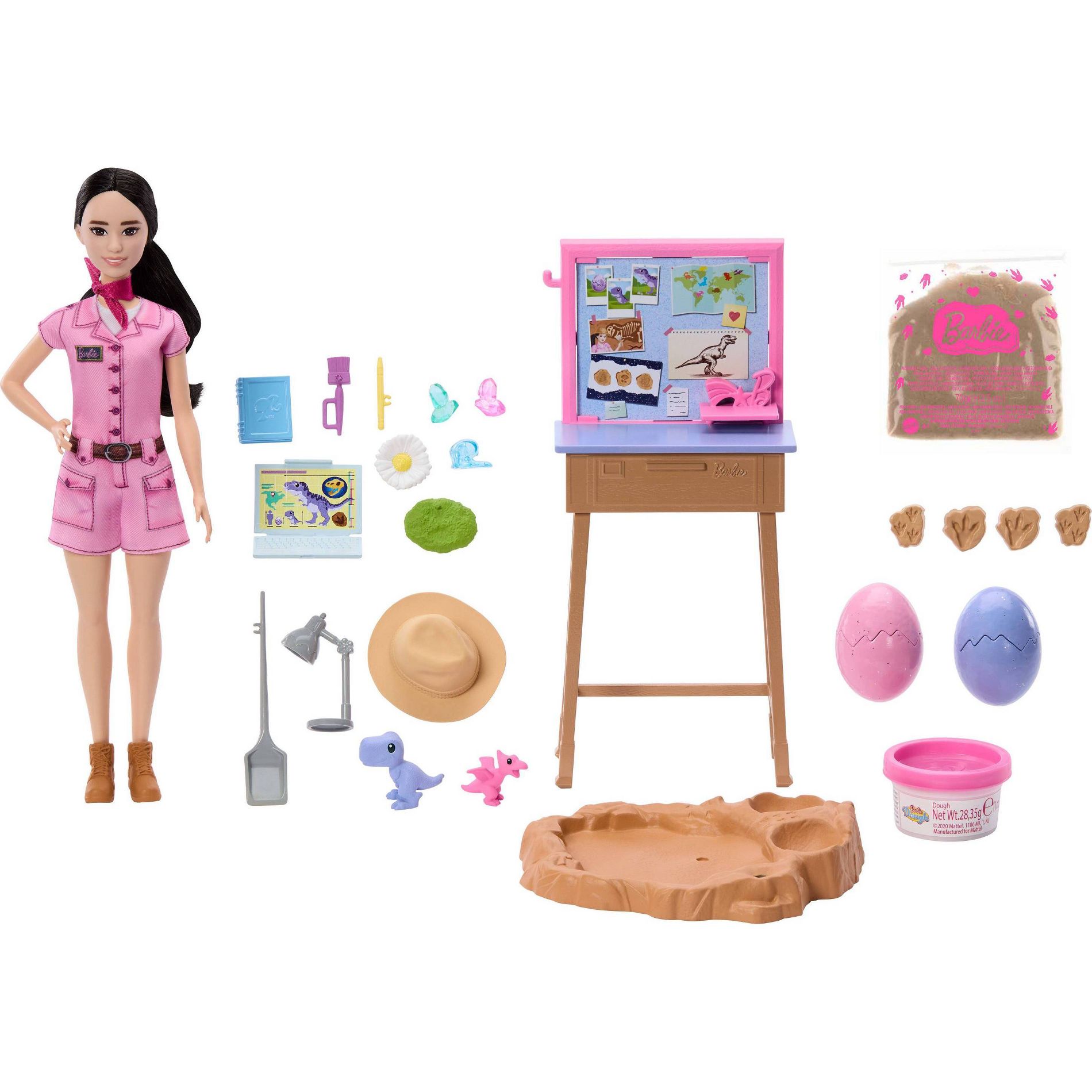Barbie Careers Fashion Doll STEM Paleontologist with Baby Dino Themed Outfit Dough and Sand Playset