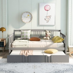Full Size Daybed Bed with Pull-Out Trundle and Guard Rails, Solid Pine Wood Sofa Bed for Guest or Kids Room-Baofuwish - 1 of 4