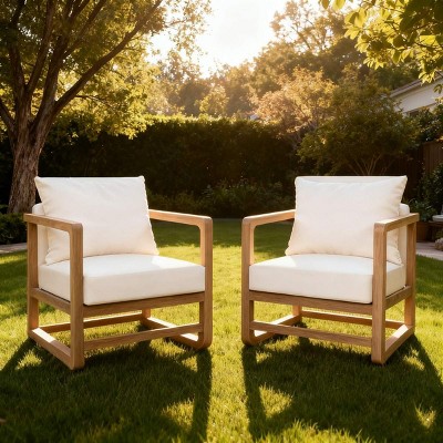 Outdoor Lounge Chair with White Cushions, Acacia Wood Club Chair with Oversized Seat, Patio Lounge Chair for Porch Balcony Deck-Coolbibila