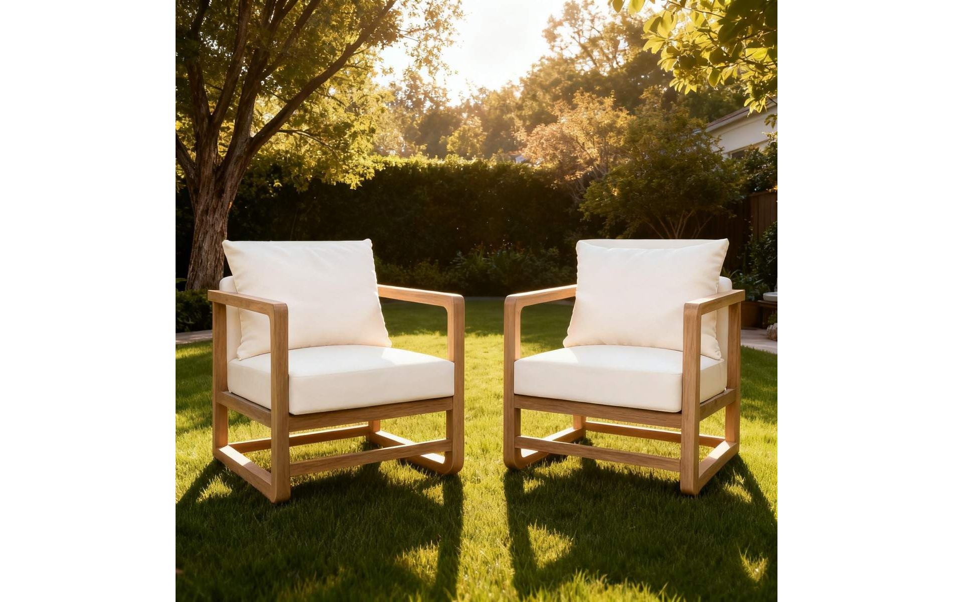 Set OF 2 Outdoor Lounge Chairs with White Cushions, Acacia Wood Club Chairs with Oversized Seat, Patio Lounge Chair for Porch Balcony Deck-Coolbibila