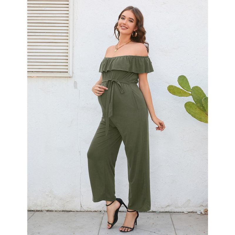Maternity Jumpsuits Casual Off Shoulder Romper Summer Short Ruffle Sleeves  Belted Wide Leg Jumpsuits, 2 of 7