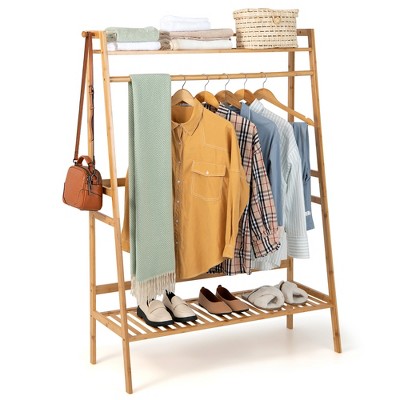 Costway 2-Tier Bamboo Garment Rack Clothing Storage Organizer Coat Hanger w/ Rod & Hooks