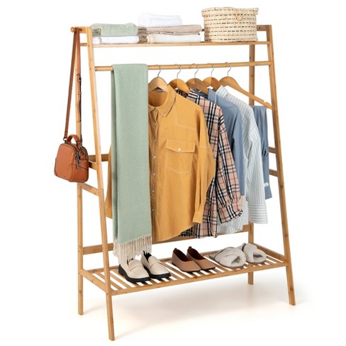Costway 2-tier Bamboo Garment Rack Clothing Storage Organizer Coat Hanger  W/ Rod & Hooks : Target