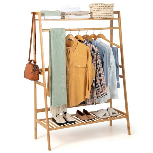 Rolling Bamboo Wooden Clothes Rail Coat Hat Hanger Garment Stand