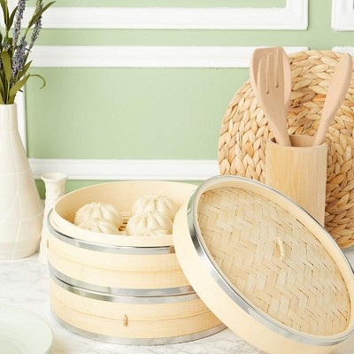 Natural Bamboo Two-Tier Steamer Basket with Steel Rings, 10-inch