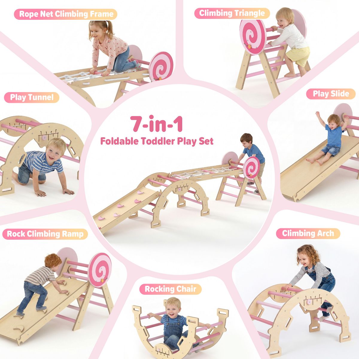 Pikler Triangle Set,7 in 1 Toddler Climbing Triangle Indoor,Foldable Toddler Climbing Toys Indoor 1-3,Pikler Triangle Climbing Toys for 1 Year Old - thumbnail 3