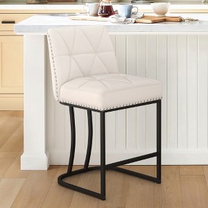 Arceso Bar Stools, 24" Modern Counter Height Stools with 5.5" Thick Cushion and Nailhead, Upholstered Linen Fabric Barstools, Beige - 1 of 4