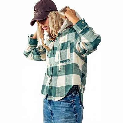 Women's Gingham Shacket With Hood - LOVE TREE