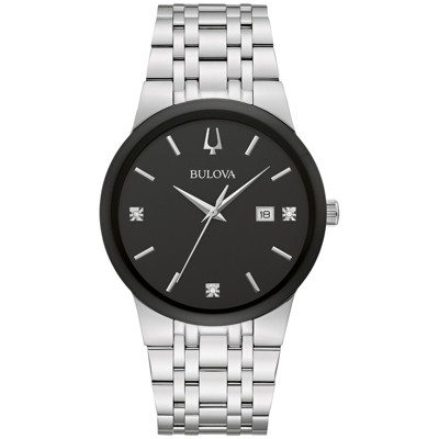 Bulova Men's Modern Silver Stainless Steel Diamond Quartz Watch, Black Dial, 40mm