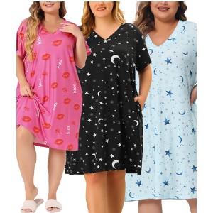 Agnes Orinda Women's Plus Size Comfort Pattern V Neck Short Sleeve Packs Casual Nightgowns - 1 of 4
