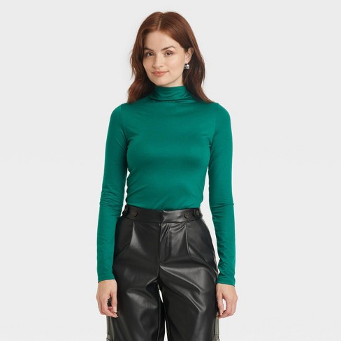 Women's Ruched Mock Turtleneck Long Sleeve T-shirt - A New Day™ Green Xs :  Target