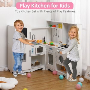 Kids Play Kitchen Set | Toddler Corner Playset with Faucet, Microwave & 5 Cookwares | Storage Cabinets for Boys & Girls Ages 3+ - 1 of 4