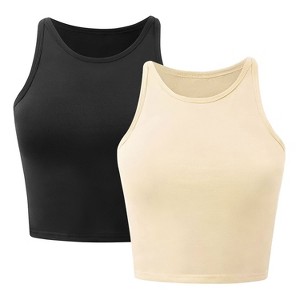 NPolar"Women's Sleeveless High Neck Cropped Tank Top – Racerback Workout Shirt, S-2XL, Machine Washable"Black&Khaki - 1 of 4