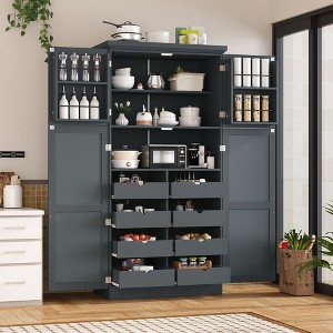 Vynxaria Freestanding Kitchen Pantry Cabinet: 4 Doors, 8 Pull-out Trays, Adjustable Shelf, Assembly Video for Dining Room - 1 of 4