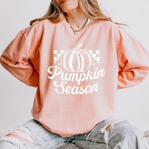 Simply Sage Market Women's Lightweight Garment Dyed Graphic Sweatshirt Checkered Pumpkin Season Cursive - 1 of 4