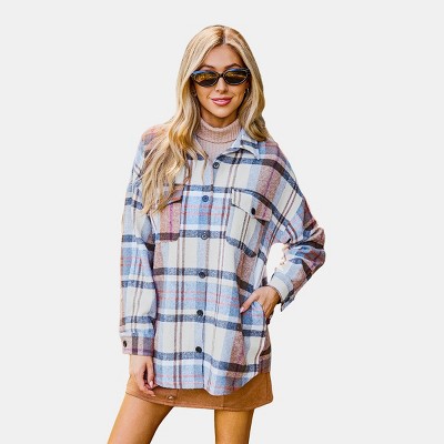 Women's Shacket Plaid Collared Long Sleeve Shirt Jacket - Cupshe