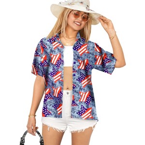 HAPPY BAY Women's Casual Beach 4th of July Hawaiian Shirt Patriotic Blouse Short Sleeve Button Down Summer Tops Shirts for Women - 1 of 4