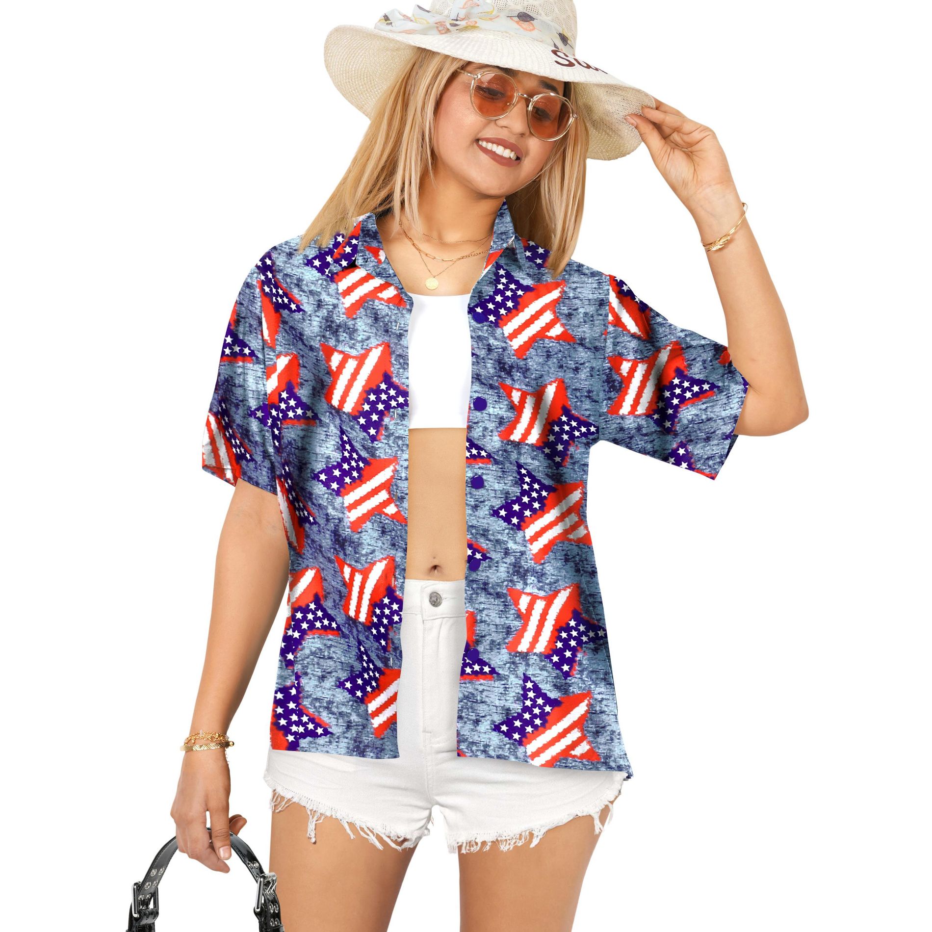 HAPPY BAY Women's Casual Beach 4th of July Hawaiian Shirt Patriotic Blouse Short Sleeve Button Down Summer Tops Shirts for Women