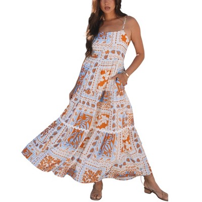 Amaryllis Women’s Patchwork Print Tiered Maxi Dress Adjustable Spaghetti Straps Flowy Silhouette
