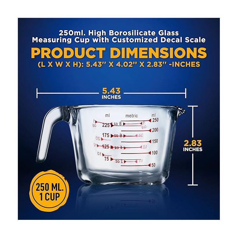 NutriChef High Borosilicate Glass Measuring Cup with Customized Decal Scale, 250 ml, 2 of 7