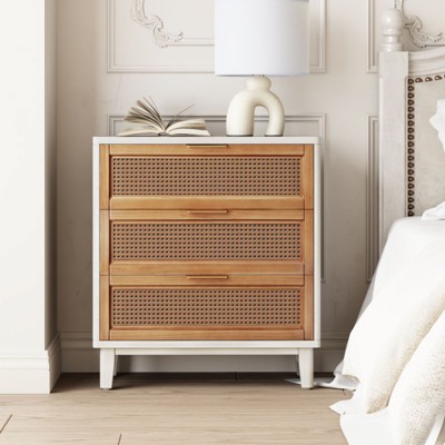JIONJOY Artisan Distressed Nightstand - Fully Assembled Rattan & Wood 3-Drawer Dresser