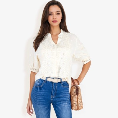 Anna-Kaci Women's Embroidered Blouse With V-Neck And Eyelet Detailing