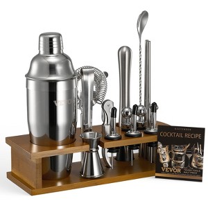 VEVOR Cocktail Shaker Set,18-Piece Stainless Steel Bar Tools with Bamboo Stand, Martini Bartender Kit Accessories | Mixer Spoon, Muddler,Silver&Brown - 1 of 4