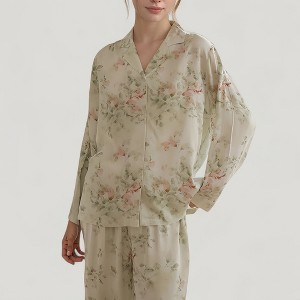 Anna-Kaci Lounge Women's Woven Floral Long Sleeve Button Down Pajama Set with Wide Leg Pants and Relaxed Fit - 1 of 4