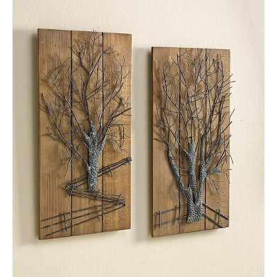 Plow & Hearth - Tree on Wooden Metal Wall Art, Set of 2