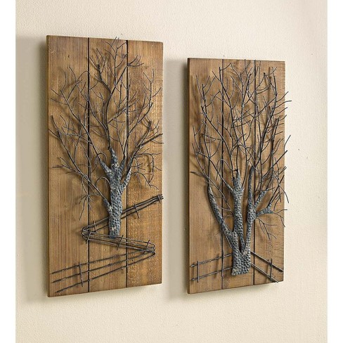 Hearth Tree On Wooden Metal Wall Art, Wooden Tree Wall Art
