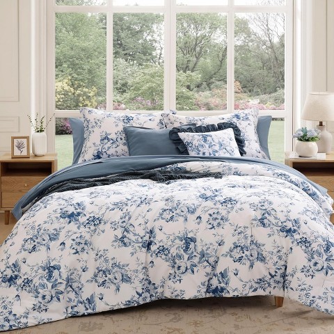 Der Rose BALHAM TRADE-Queen Comforter Set 7 Pieces Floral Antique Blue for All Seasons, Bed in a Bag Queen Rain Washed-Queen 90"x90"