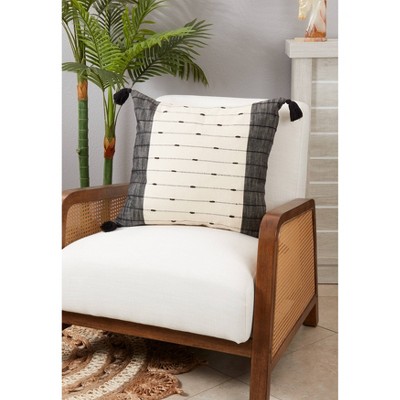 Black and White Cotton Striped Throw Pillow with Tassels