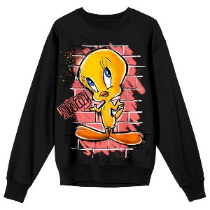 Looney Tunes Tweety & Graffiti On Brick Wall Crew Neck Long Sleeve Women's Black Tee - 1 of 3