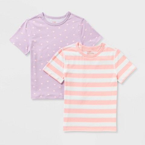 Cat & Jack Girls' 2pk Adaptive Short Sleeve Heart and Striped T-Shirt - Cat & Jack™ Purple/Peach Pink M