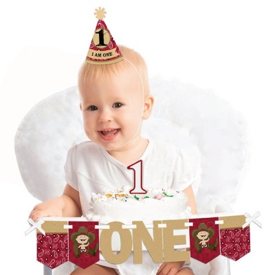 Big Dot of Happiness Little Cowboy 1st Birthday - First Birthday Boy Smash Cake Decorating Kit - High Chair Decorations