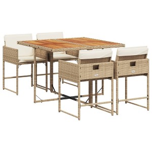 vidaXL 5 Piece Patio Dining Set - PE Rattan and Acacia Wood Table, Cushioned Chairs, Weather-Resistant, Beige and Brown, for Garden and Patio - 1 of 4