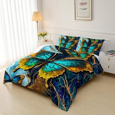 Acoinel 3 Pcs Butterfly Comforter Set with 2 Pillowcases, Blue, Queen