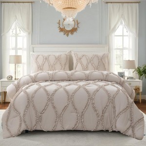 Ruffle Comforter Set With Pillow Covers– Shabby Chic Farmhouse Bedding with Elegant Ribbon Ruffles, Soft Lightweight Quilt 3-Piece - 1 of 4