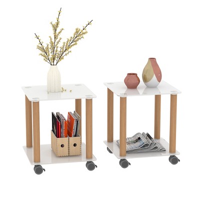 FURNIinspire Desks, Small Square Table with Two-tier Storage Rack and wheels, Modern Table for Home Bedroom, White, 15.75"*15.75"*14.6"
