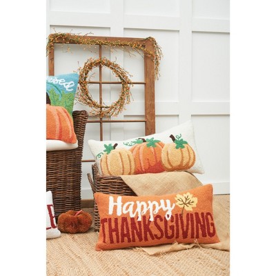 Happy Thanksgiving Orange Rectangular Hooked Throw Pillow