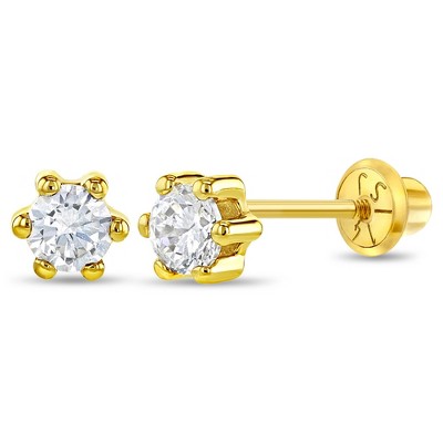 Baby Girls' 6 Prong Cz Solitaire Screw Back 14k Gold Earrings - Clear - In  Season Jewelry : Target