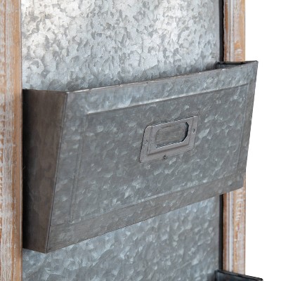 Distressed White Wood Wall Organizer with Chalkboard and Hooks